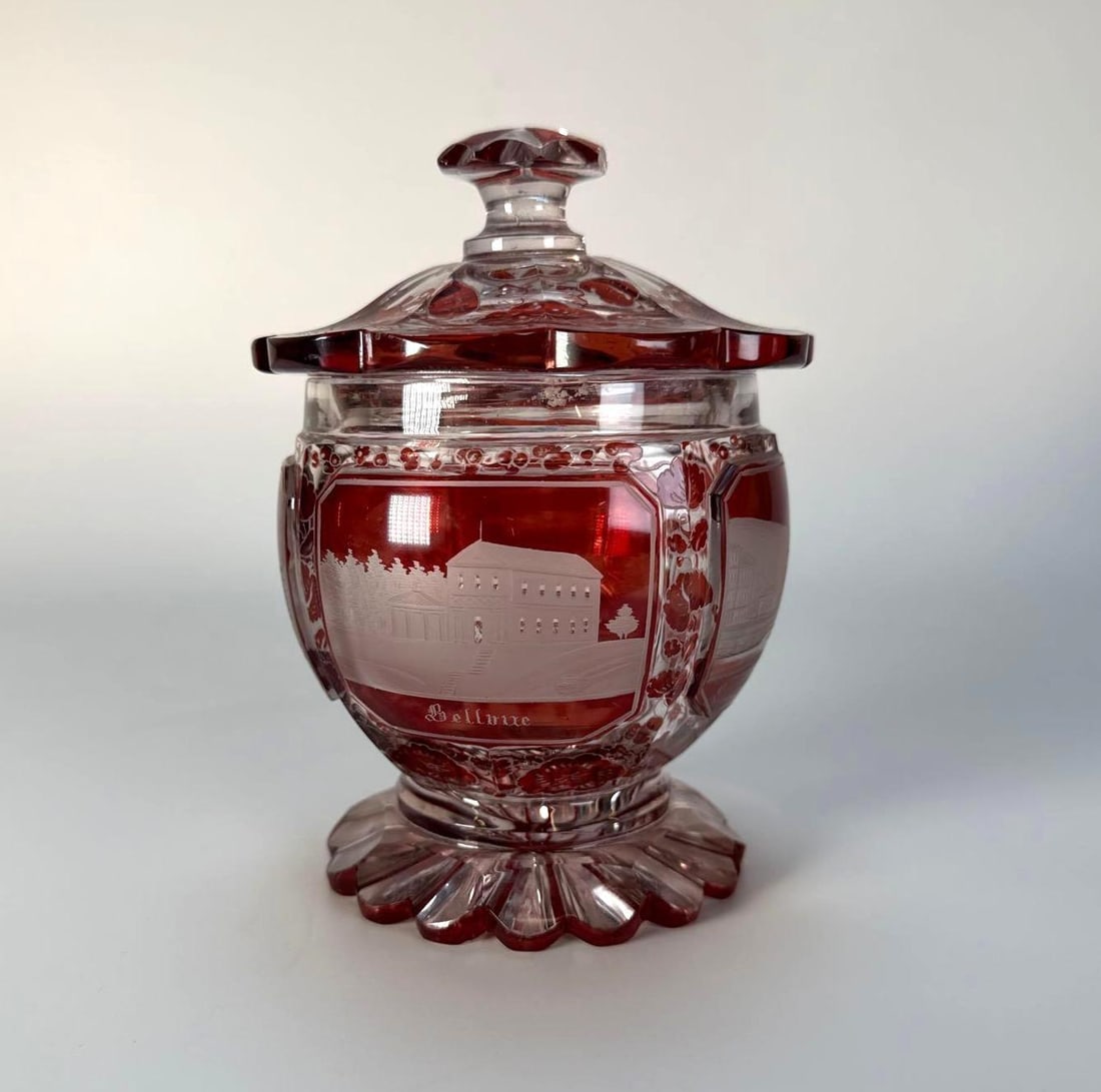 BOHEMIAN CRANBERRY GLASS SOUVENIR SUGAR BOWL (1 of 8)