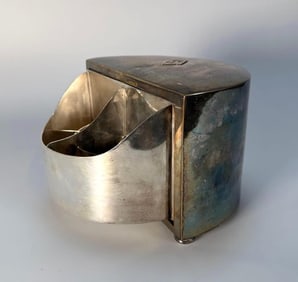 UNUSUAL ANTIQUE SILVERPLATED CIGARETTE BOX WITH SWIVEL-OUT COMPARTMENT BY CROSS OF LONDON