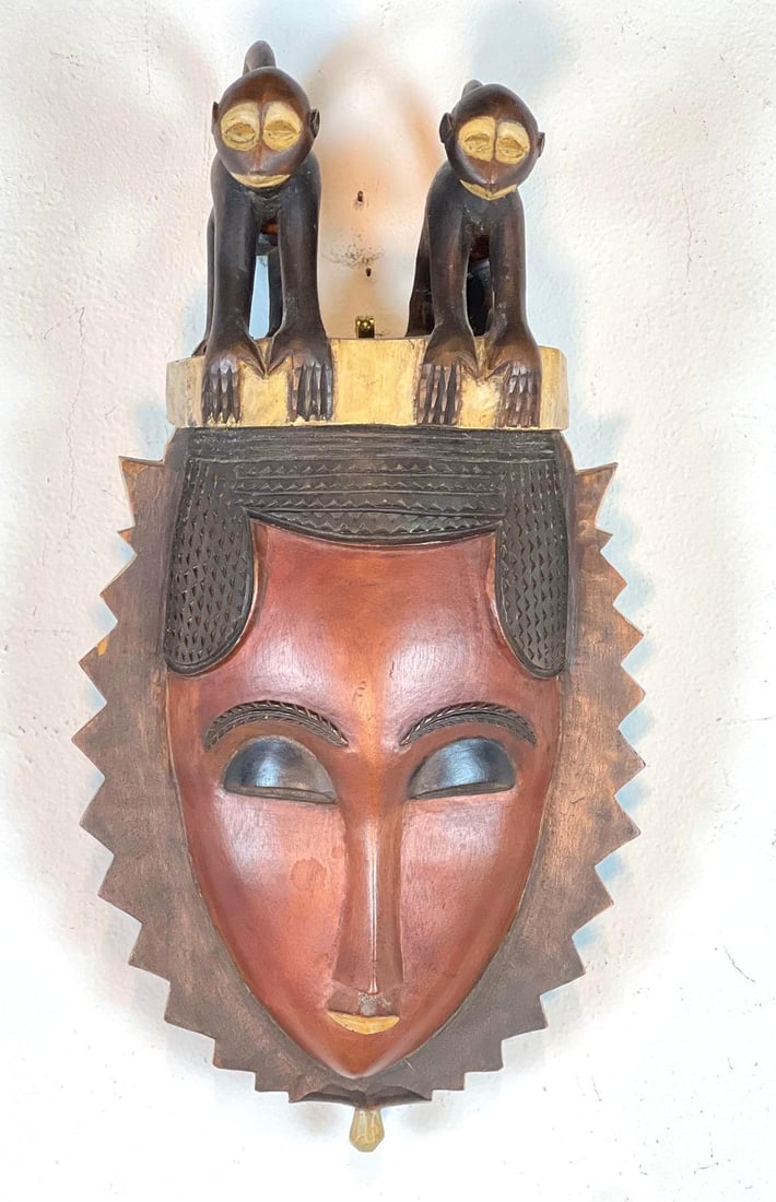 AFRICAN WOODEN FACE MASK W/MONKEYS (1 of 10)