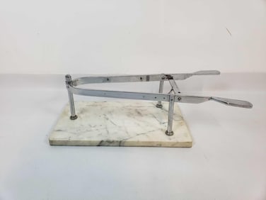 VINTAGE STAINLESS STEEL AND MARBLE PORTE JAMBON HAM HOLDER