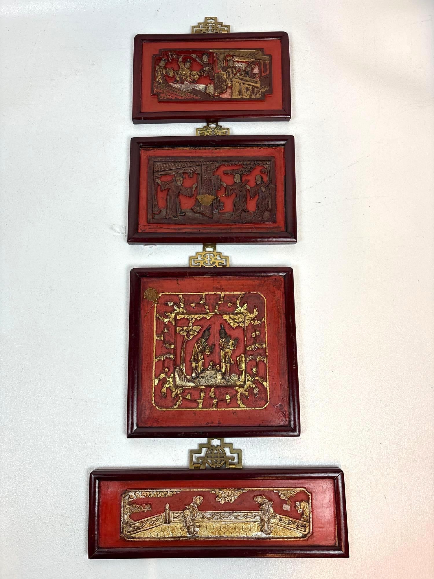 FOUR ANTIQUE CHINESE CARVED AND GILDED LACQUER WALL PANELS (1 of 5)
