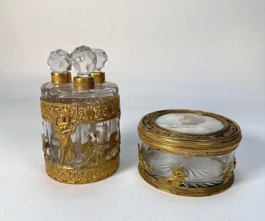 ANTIQUE BRASS AND CUT GLASS PERFUME CADDY AND PORTRAIT TRINKET BOX (1 of 13)
