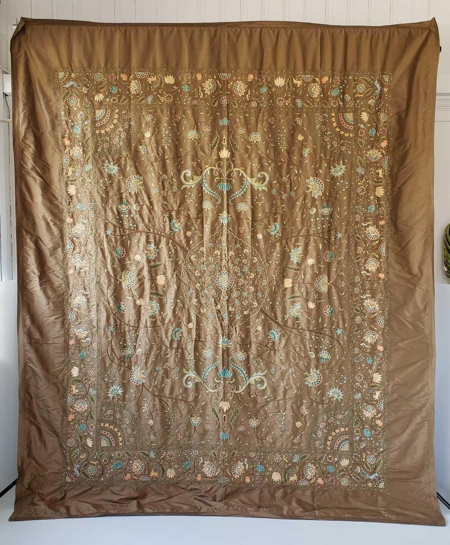 VINTAGE ANDRAAB HAND-EMBROIDERED SILK TEXTILE KASHMIRI WALL HANGING OR BEDSPREAD (1 of 19)
