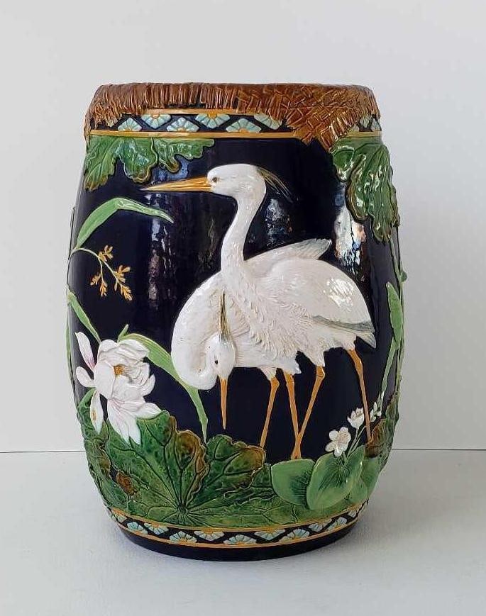 RARE GEORGE JONES ATTR. MAJOLICA STORKS AND SWALLOWS GARDEN SEAT (1 of 18)