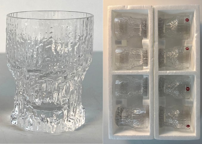 EIGHT ORIGINAL TAPPIO WIRKKALA ASLAK SHOT GLASSES | AHLSTROM IITTALA FINLAND: *Two sets of original Tappio Wirkkala Aslak glasses for Ahlstrom Iittala, Finland in their original packaging. 4 Glasses per set. Dimensions: 2.5” H Artist or Maker: TAPPIO WIRKKALA Provenanc