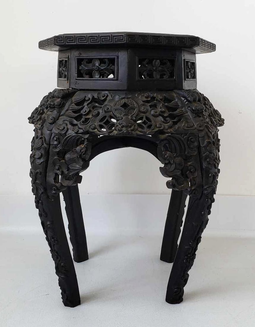 CARVED ROSEWOOD ROUGE MARBLE TOP TABOURET WITH DRAGON MOTIF: *A carved rosewood tabouret with a rouge marble top, featuring an intricate dragon motif carved into its legs and apron. Dimensions: 23"h x 18"dia Artist or Maker: Unknown Notes: Although c