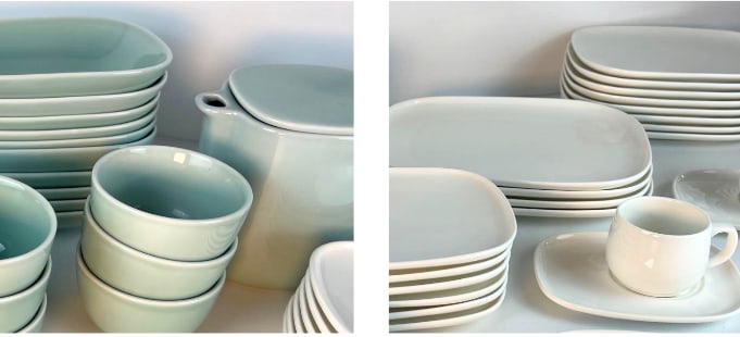 ALESSI FOR DELTA AIRLINES LARGE SET OF MODERNIST TWO-TONE DINNERWARE SET: *A large set of modernist two-tone dinnerware by Alessi for Delta Airlines. Dimensions: Largest 9" x 6" Artist or Maker: Alessi for Delta Airlines. Provenance: A New York Collector Notes: Alt