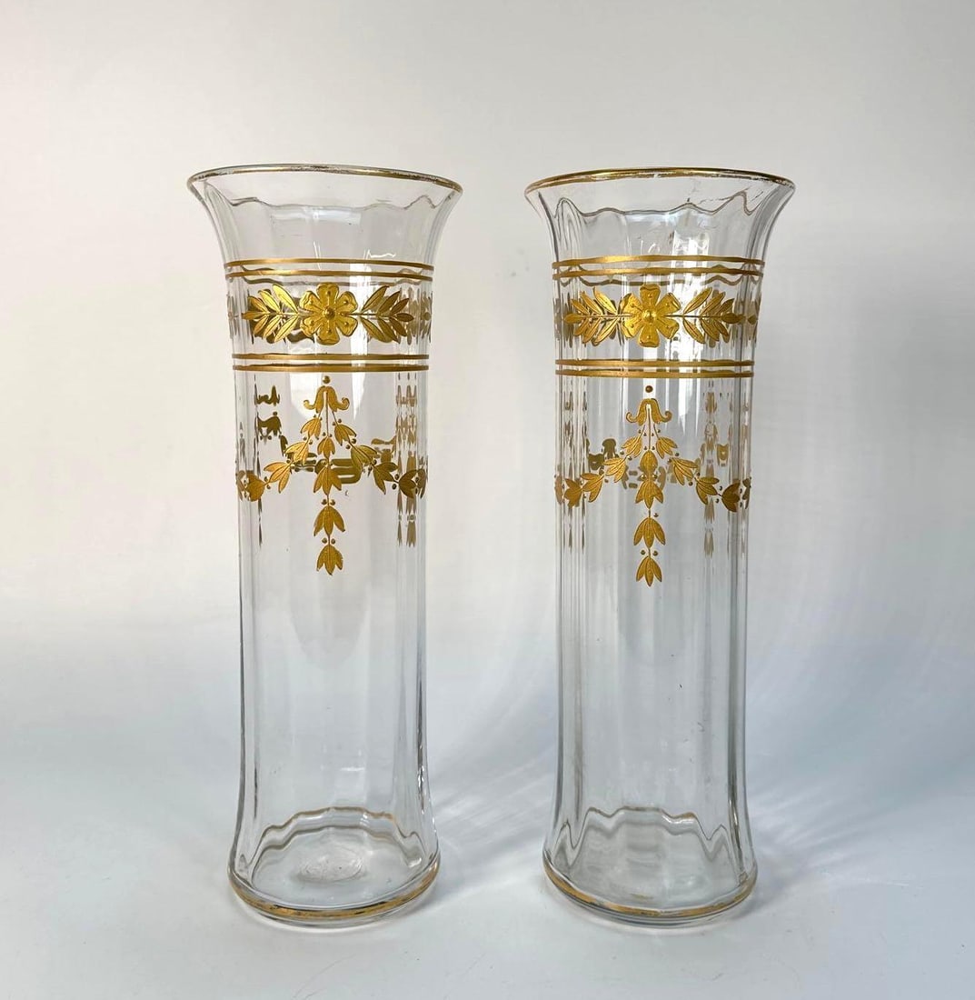 PAIR OF ART NOUVEAU ERA BACCARAT STYLE GILT AND GLASS VASES (1 of 10)