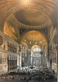 LARGE ANTIQUE 19TH CENTURY HAND-COLORED ENGRAVING OF HAGIA SOPHIA INTERIOR