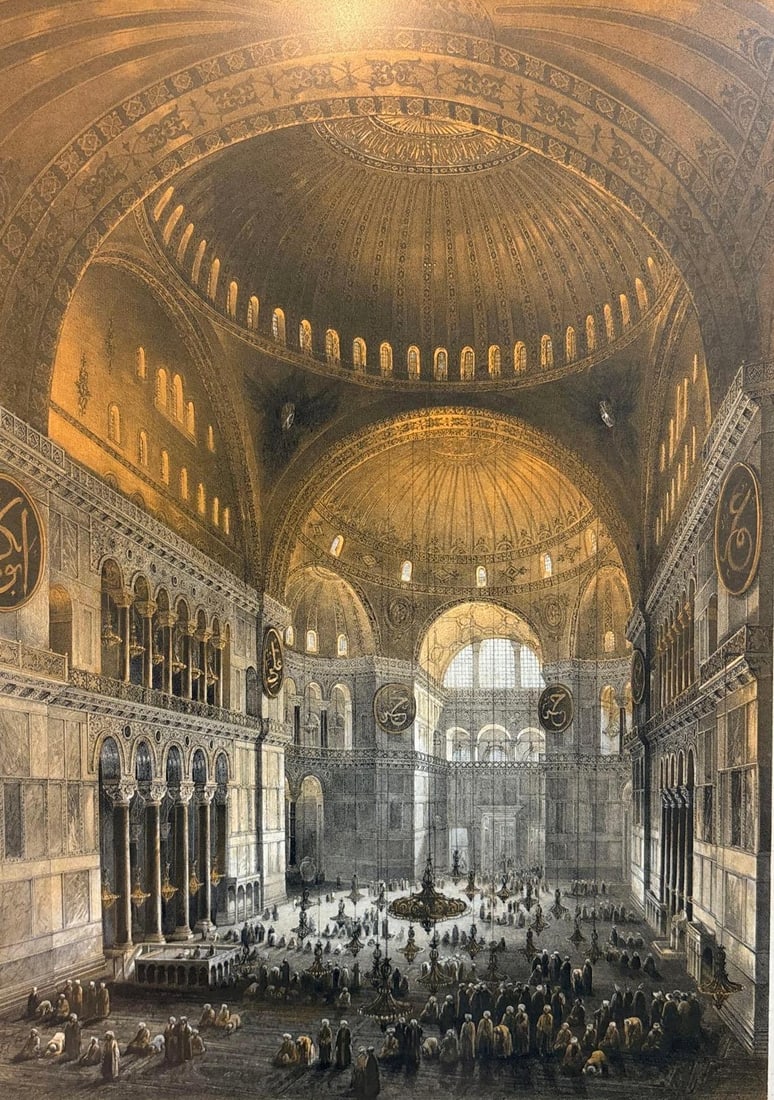 LARGE ANTIQUE 19TH CENTURY HAND-COLORED ENGRAVING OF HAGIA SOPHIA INTERIOR (1 of 9)