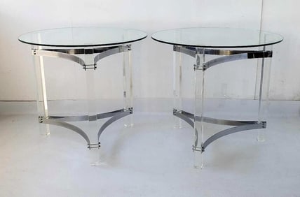PAIR OF CHARLES HOLLIS JONES LUCITE TABLE BASES WITH NEW GLASS TOPS