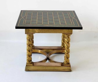 FAUX MALACHITE GAME TABLE WITH HEAVY BRASS BASE