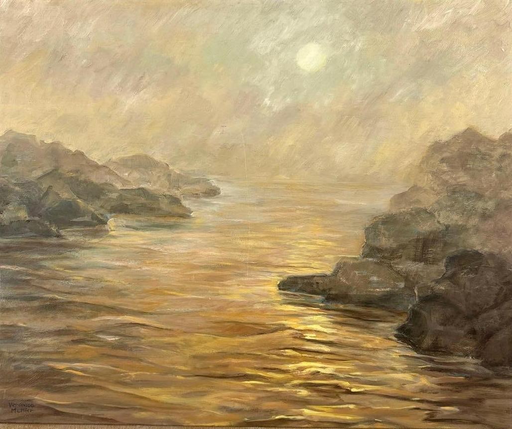 IMPRESSIONIST WATER SCENE OIL ON BOARD WITH SPANISH FRETWORK FRAME (1 of 6)