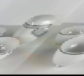 2 ROSENTHAL BOWLS AND STUDIO LINE SUOMI WHITE SAUCE BOAT WITH LID AND METAL HANDLE: *Porcelain Sauce/Gravy Boat & Lid by Rosenthal Studio Line, and two bowls, Rosenthal Continental Century White Platinum. Dimensions: Gravy Boat: 4.5" x 4.5" x 5-1/8" tall Bowls: 2"