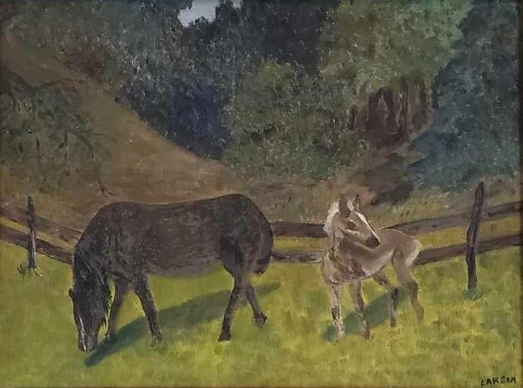 VINTAGE LARSON SIGNED OIL ON BOARD OF HORSES: *A vintage, framed oil painting on board that depicts two grazing horses. Dimensions: 18.76" X 14.75" Artist or Maker: Signed Larson Notes: Although care is taken to photograph and describe th