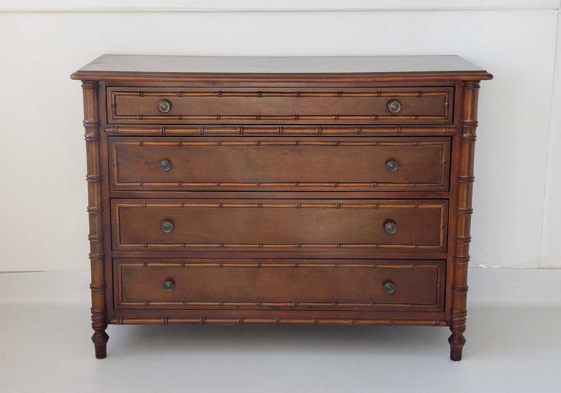 RALPH LAUREN FAUX BAMBOO CARVED WALNUT REGENCY STYLE FOUR DRAWER COMMODE (1 of 19)