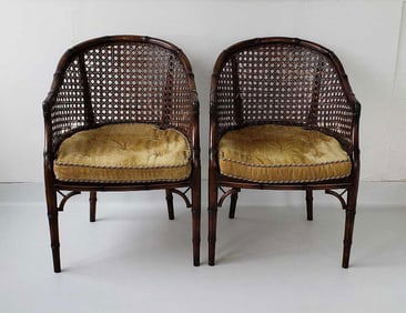PAIR OF FAUX BAMBOO CANED BARREL BACK ARMCHAIRS