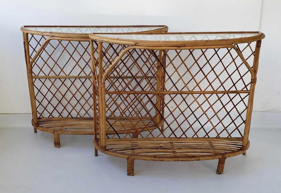 PAIR OF RATTAN DEMILUNE CONSOLES WITH GLASS TOPS (1 of 18)