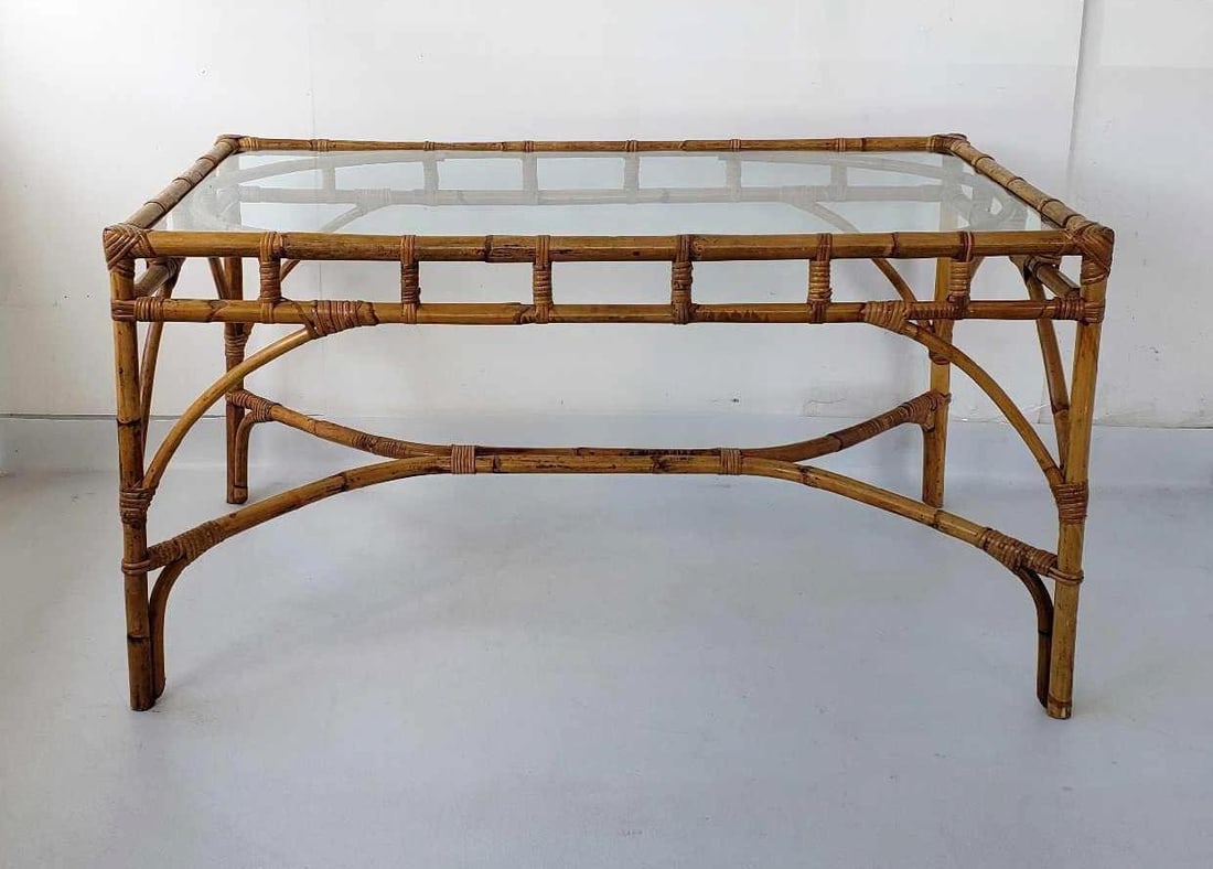 VINTAGE BAMBOO & RATTAN DINING TABLE/DESK WITH GLASS TOP (1 of 13)