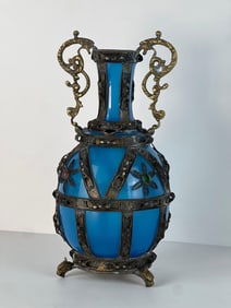 BLUE GLASS VASE WITH GEMSTONES
