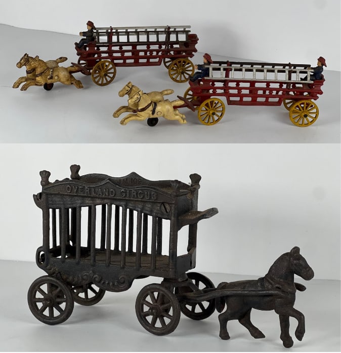 THREE ANTIQUE CAST IRON IRON HORSE DRAWN TOY SETS, INCLUDING FIRE WAGON AND CIRCUS WAGON (1 of 16)