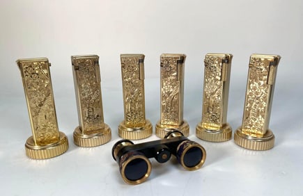 SIX LE BRIQUET ET CIE GOLD TABLE LIGHTERS & ONE EIKOW BINOCULARS
