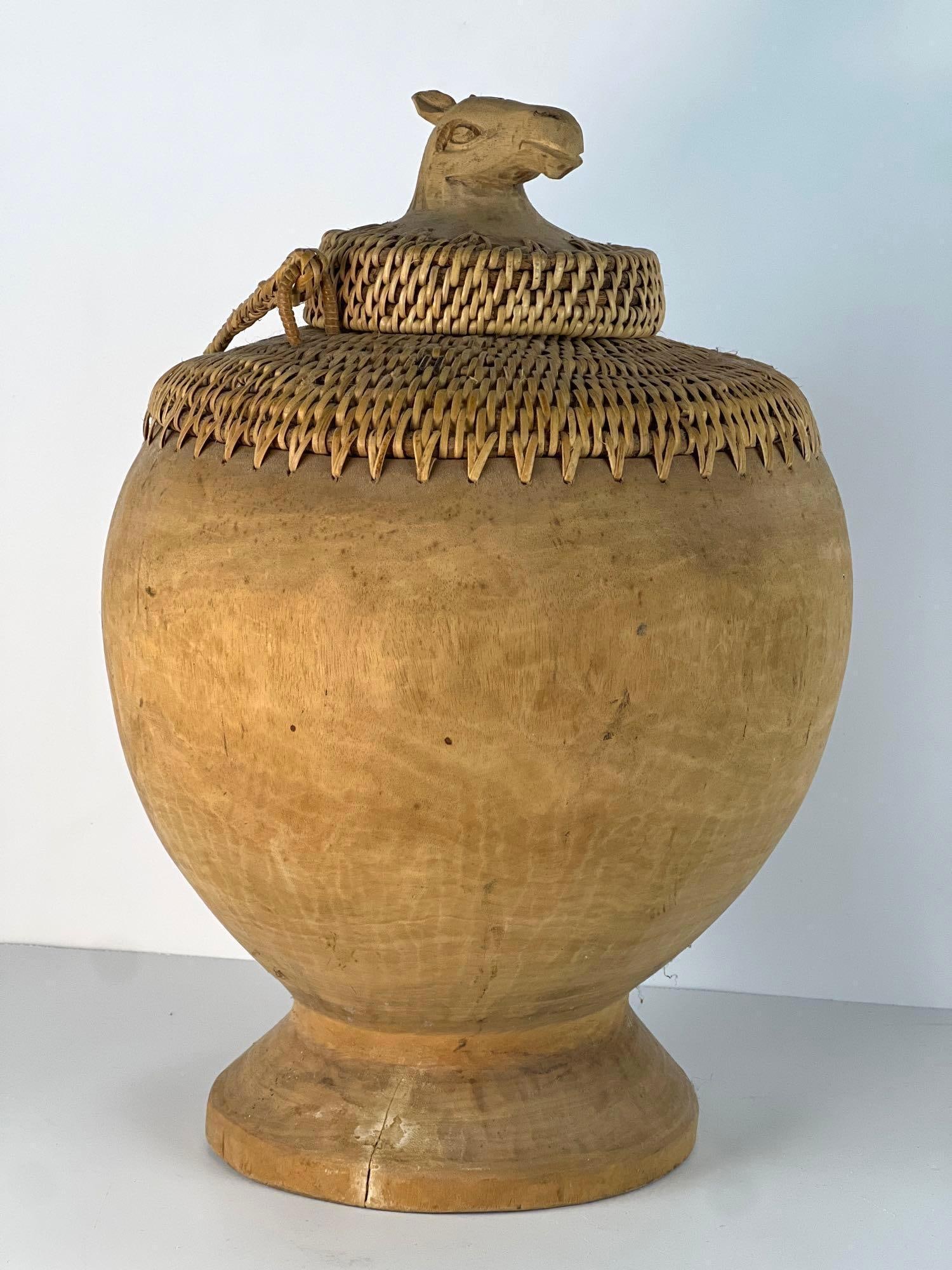 CARVED WOODEN WATER JUG WITH WOVEN HORSE TOP (1 of 9)