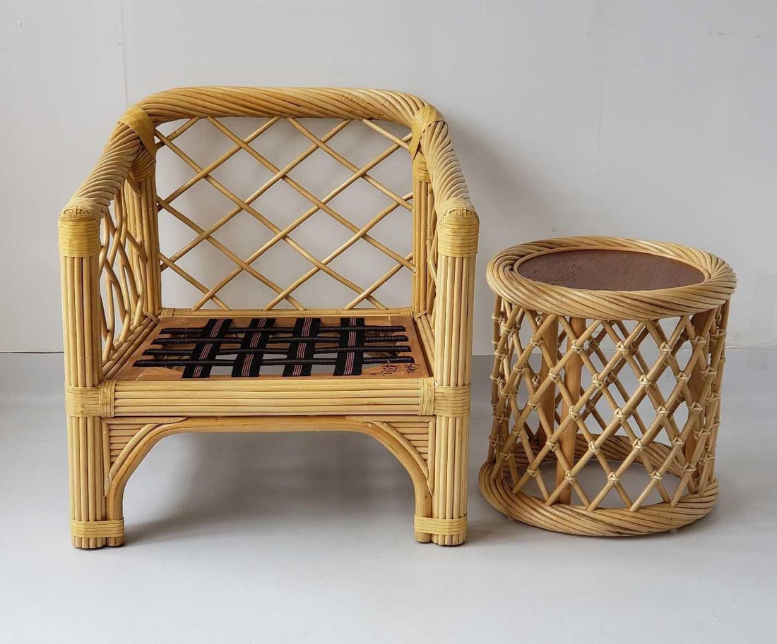VINTAGE TWISTED STICK REED RATTAN & BAMBOO LOUNGE CHAIR & SIDE TABLE SET (1 of 16)