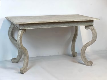 MECOX DISTRESSED-FINISH CONSOLE / DINING TABLE WITH SCROLLED LEGS