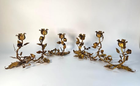 PAIR OF ROCOCO REVIVAL STYLE GILT METAL FLORAL CANDELABRA WITH ROSE AND FOLIATE MOTIFS