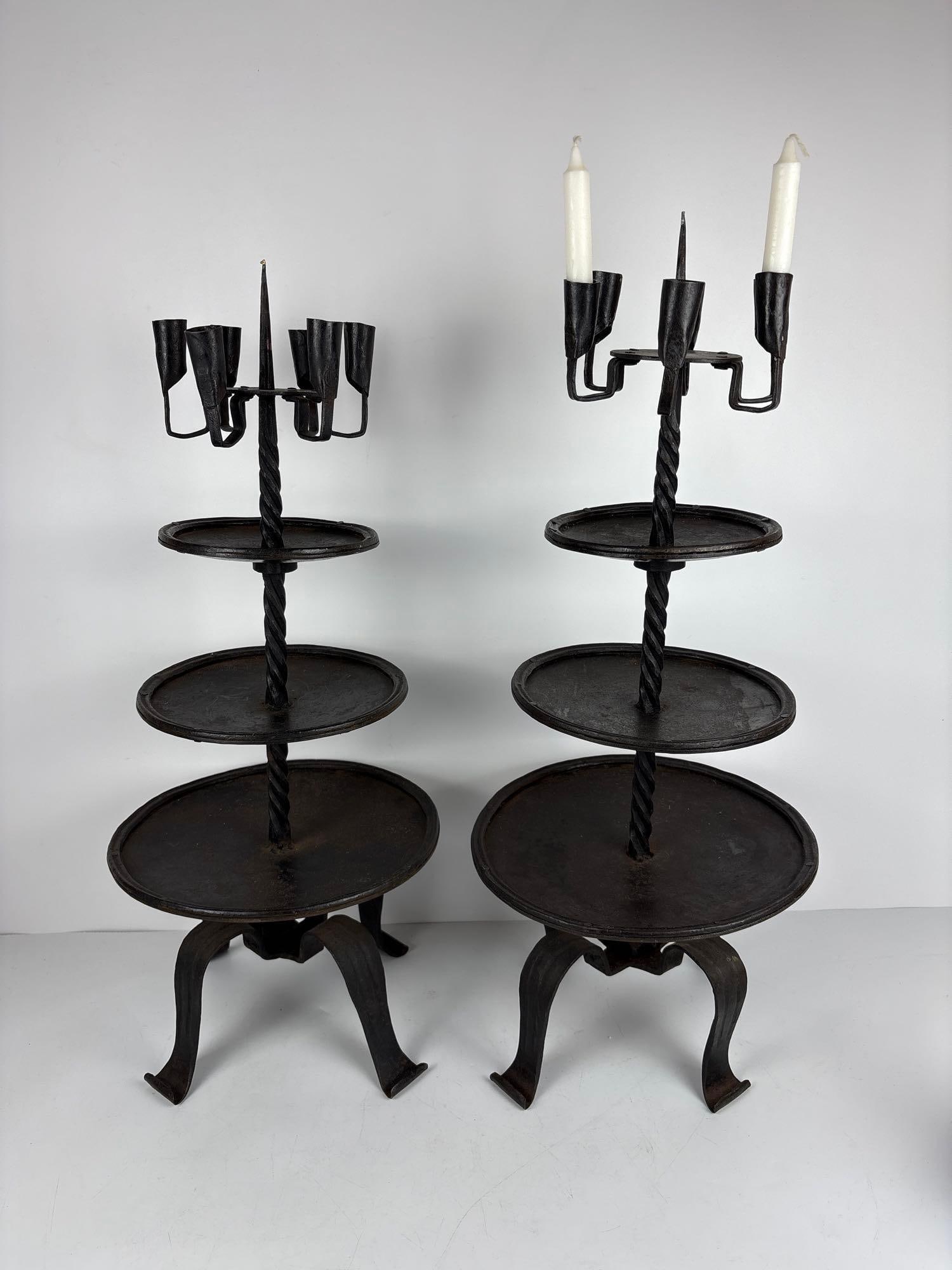 PAIR OF HEAVY FORGED IRON TIERED GOTHIC REVIVAL CANDELABRA (1 of 7)