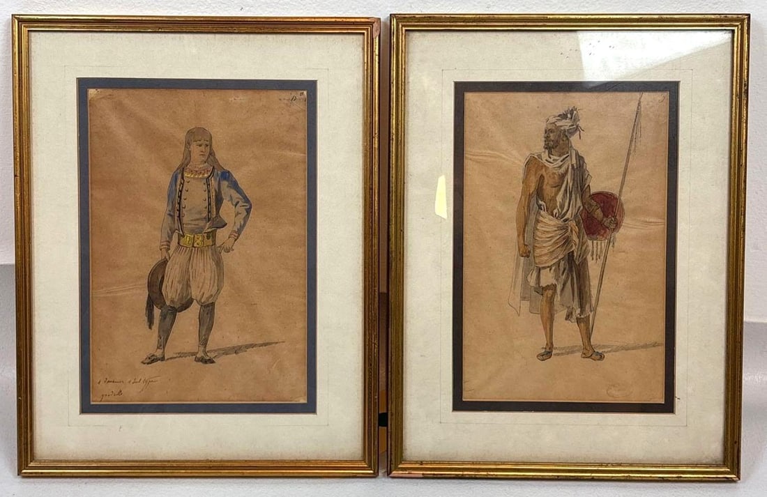 PIERRE EUGENE LACOSTE PAIR OF ORIGINAL WATERCOLORS: Antique pair of watercolors Dimensions: oa 14.75" x 11.25" Artist./Maker: One is Labeled "Eugene Lacoste (1818-1908) on reverse Provenance: A New York Consignor Notes: Although care is