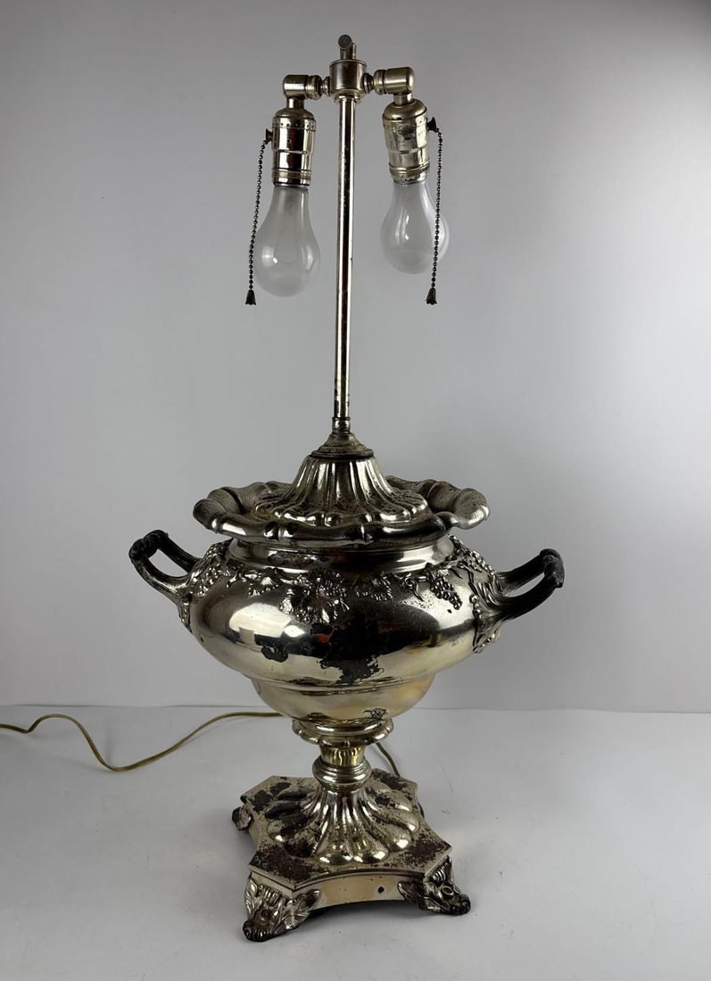 LIVING ESTATE OF JOSEPH RODANO: LARGE SILVER-PLATED SAMOVAR TABLE LAMP WITH ORNATE DETAILS (1 of 4)