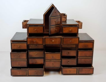 EXCEPTIONAL ANTIQUE INLAID SPICE CABINET APOTHECARY