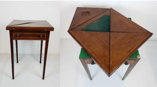 SPIN AND FLIP 19TH CENTURY FRENCH INLAID HANDKERCHIEF/ENVELOPE GAME TABLE