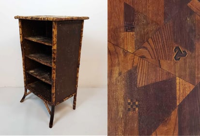 ANTIQUE BRITISH COLONIAL JAPANESE STYLE INLAY BURNT BAMBOO BOOKSHELF