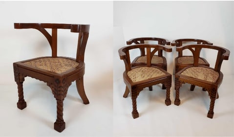 EXCEPTIONAL SET OF FOUR VINTAGE CANED SEAT INLAID ARM CHAIRS