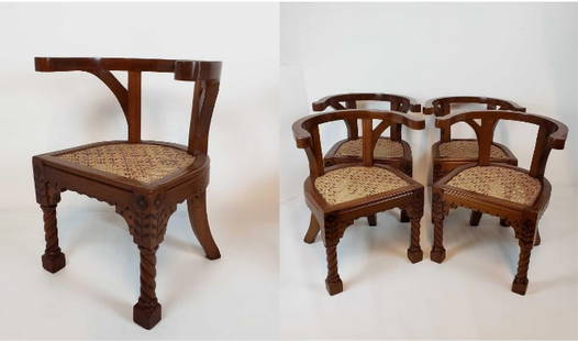 EXCEPTIONAL SET OF FOUR VINTAGE CANED SEAT INLAID ARM CHAIRS: Carved and inlaid set of chairs. Dimensions: 30"h x 24.5"w x 20"d Maker: Unknown Provenance: A New York Collector Notes: Although care is taken to photograph and de