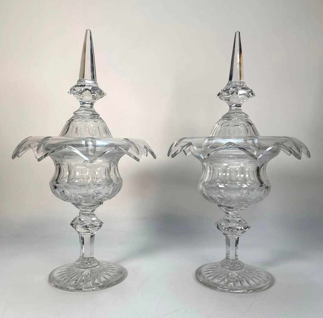 EXTRA LARGE PAIR OF ANTIQUE CUT GLASS BONBONNIERES / COVERED URN CANDY DISHES (1 of 16)