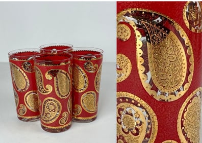 SET OF FOUR VINTAGE CULVER HIGH BALL GLASSES WITH RED & GOLD PAISLEY PATTERN
