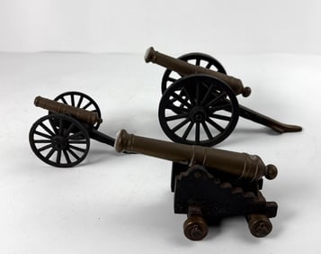THREE FUNCTIONING VINTAGE MINIATURE BRASS CANONS