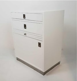 CUSTOM WHITE LAMINATE SIDE TABLE CAROL PRISANT ATTR.(1 OF 2)