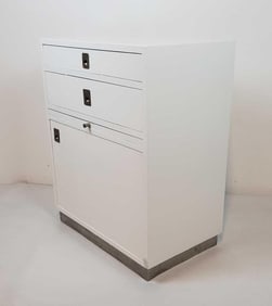 CUSTOM WHITE LAMINATE SIDE TABLE CAROL PRISANT ATTR.(2 OF 2) (note laminate loss)