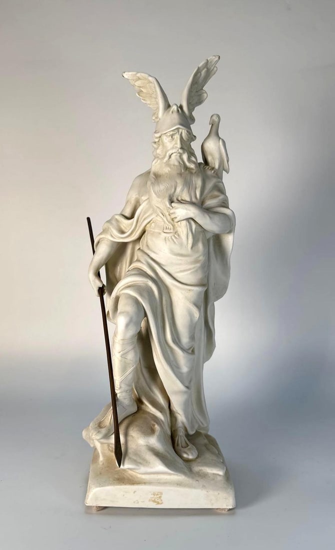 ANTIQUE GERMAN PARIAN WARE STATUE OF NORSE GOD ODIN: An antique German Parian statue of the Norse god Odin. Crafted from unglazed white bisque porcelain (Parian ware). Dimensions: Dimensions: 14.25"T X 4.5"W X 4.75"D Artist or Maker: Unknown Provenan
