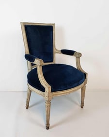 LOUIS XVI STYLE PAINT DECORATED BLUE VELVET UPHOLSTERED FAUTEUIL