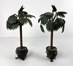 PAIR OF MINIATURE VINTAGE TOLEWARE POTTED PALM TREES IN FOOTED POTS