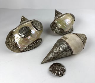 THREE VINTAGE MOTHER OF PEARL SHELLS WITH SILVER MOUNTS