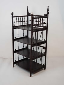 ANTIQUE FOUR-TIER WOODEN ETAGERE / SHELF WITH BARLEY TWIST AND DECORATIVE FINIALS