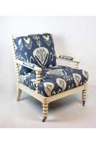 HICKORY CHAIR CO. "SPOOL CHAIR" WITH IKAT UPHOLSTERY ARM CHAIR
