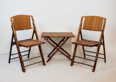 VINTAGE THREE PIECE SCORCHED BAMBOO AND SPLIT RATTAN BISTRO SET